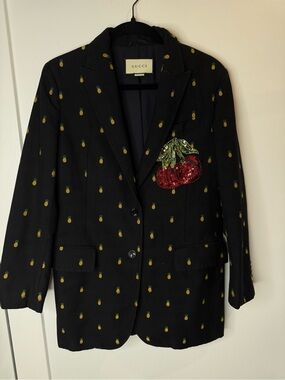 Gucci Black Blazer with Gold Pineapple Print and Red Sequin Cherry